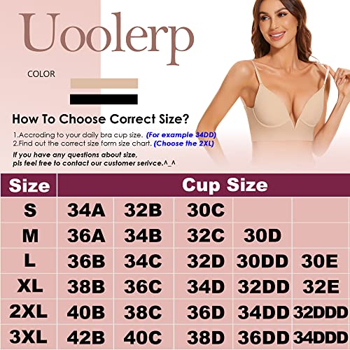 Uoolerp Women Low Back Bras-Invisible Backless Bra-Seamless Secret Plunge Bra No Show Bra Multiway Low-Cut Deep-V Halter Bra (Nude, XXL)