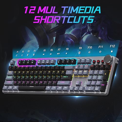 Mechanical Gaming Keyboard, RGB Backlit 104 Keys Full Size Keyboard with Multimedia Knob, Double Shot Keycaps, Full Anti-Ghosting, Blue Switch Wired Computer Keyboard for Windows PC Mac Xbox Gamer