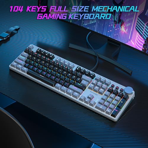 Mechanical Gaming Keyboard, RGB Backlit 104 Keys Full Size Keyboard with Multimedia Knob, Double Shot Keycaps, Full Anti-Ghosting, Blue Switch Wired Computer Keyboard for Windows PC Mac Xbox Gamer