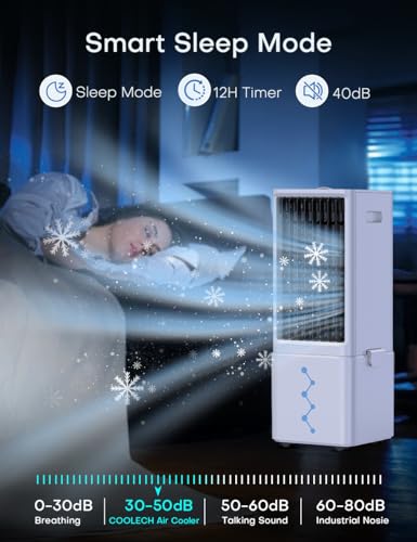 COOLECH Portable Air Conditioners w/Remote, 4 Modes & 3 Speeds, Waterless Alert System & 2.4-Gal Tank for 20H Cooling, 12H Timer for Auto Off, 3-IN-1 Evaporative Air Cooler for Room Bedroom Office