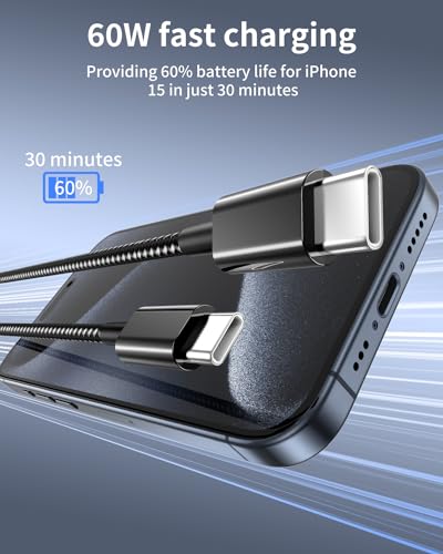 Plnhixt USB C to USB C Cable, (5Pack 6FT), New Nylon USB C Charger Cable 60W(3A) for iPhone 15/15 Pro/15 Plus/15 Pro Max, iPad Mini 6/ Pro 2021, MacBook Pro 2020, Samsung Galaxy S23,Switch