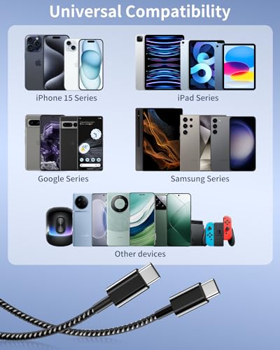 Plnhixt USB C to USB C Cable, (5Pack 6FT), New Nylon USB C Charger Cable 60W(3A) for iPhone 15/15 Pro/15 Plus/15 Pro Max, iPad Mini 6/ Pro 2021, MacBook Pro 2020, Samsung Galaxy S23,Switch