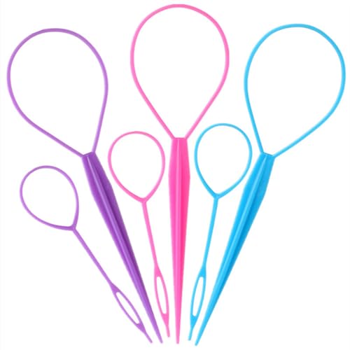 Aigee 6pcs Topsy Tail Hair Tool Set,Hair Loop Styling Tool Hair Pull Through Tools are in large and small sizes,3 colors (pink, blue, purple)-Ponytail Maker French Braid Loop for women,girls hair