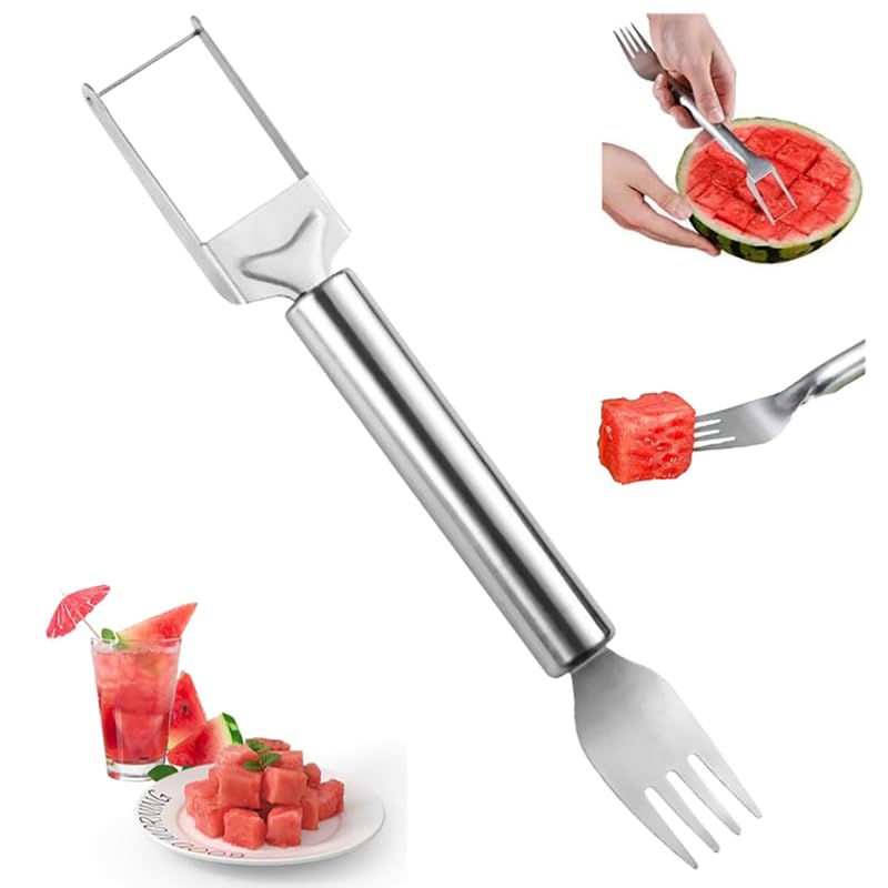 2-in-1 Stainless Steel Fruit Cutter, 2024 Portable Watermelon Fork Slicer Cutter Melon Cube Cutter Watermelon Fork Slicer Cutter Slicer Tool Quickly Fruit Forks Slicer for Home Kitchen Gadget