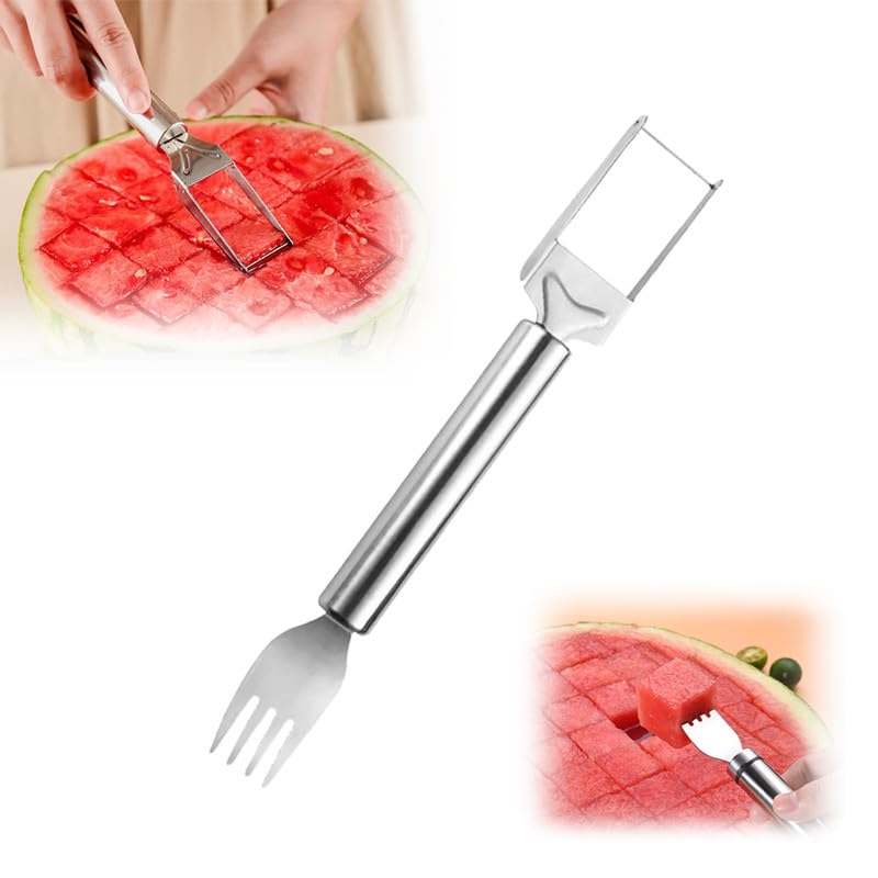 2-in-1 Stainless Steel Fruit Cutter, 2024 New Watermelon Fork Slicer Cutter, Dual Head Fruit Forks Slicer Watermelon Cutter Tool, Summer Fruit Cutting Fork for Home, Kitchen, Camping (1pcs)