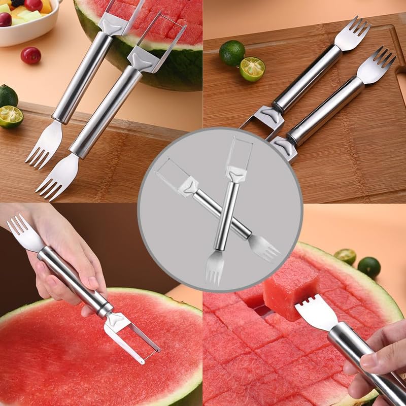 2-in-1 Stainless Steel Fruit Cutter, 2024 New Watermelon Fork Slicer Cutter, Dual Head Fruit Forks Slicer Watermelon Cutter Tool, Summer Fruit Cutting Fork for Home, Kitchen, Camping (1pcs)