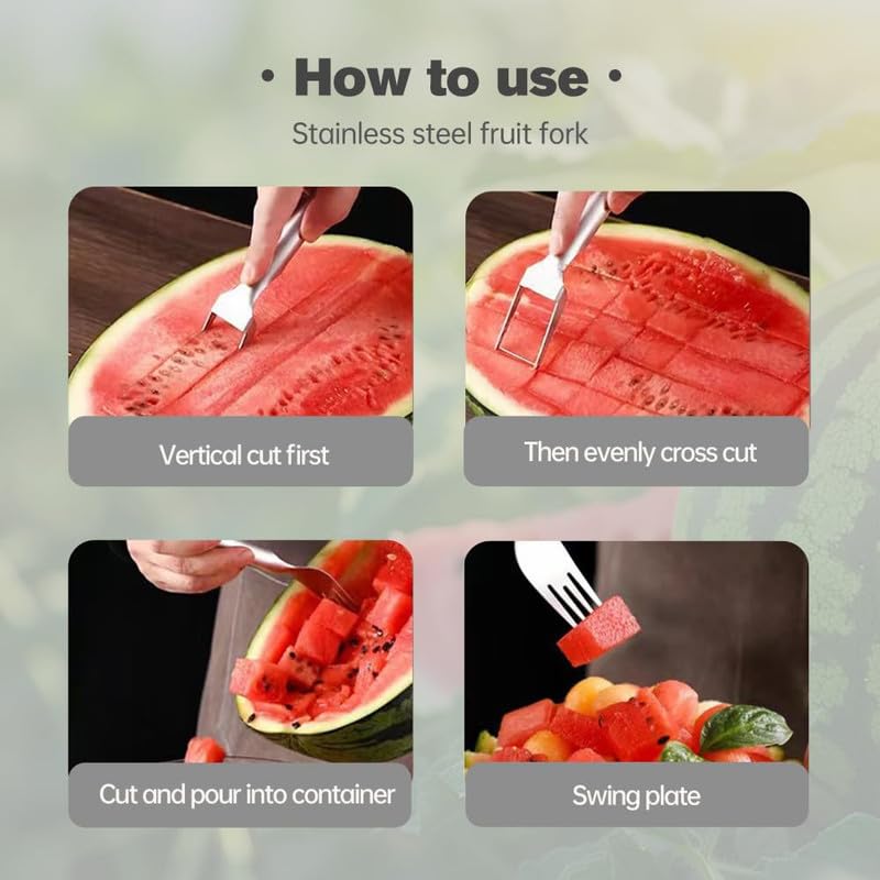 2-in-1 Stainless Steel Fruit Cutter, 2024 New Watermelon Fork Slicer Cutter, Dual Head Fruit Forks Slicer Watermelon Cutter Tool, Summer Fruit Cutting Fork for Home, Kitchen, Camping (1pcs)