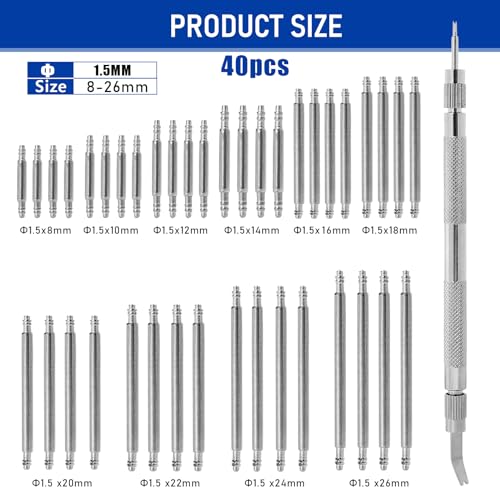 Watch Repair Tool Kit, 41 PCS Watch Band Pins Replacement Set Watch Spring Bar Tool Kit Watch Link Remover Kit 10 Sizes Heavy Duty Stainless Steel Watch Spring Pins Length 8mm-26mm,Diameter 1.5mm