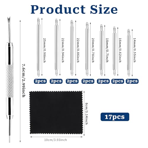 Watch Band Pins Replacement Kit, 16 PCS Diameter 1.5mm Heavy Duty Stainless Steel Watch Link Remover Set Watch Strap Pins Adjustment Tool Link Removal Kit for Watch Bracelet Repairing (Length 14-25mm)