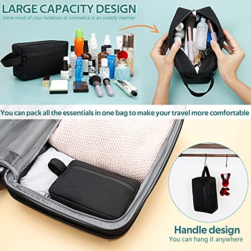 FUNSEED Travel Toiletry Bag for Women and Men, Water-resistant Shaving Bag for Toiletries Accessories, Foldable Storage Bags with Divider and Handle for Cosmetics Brushes Tools (Black)