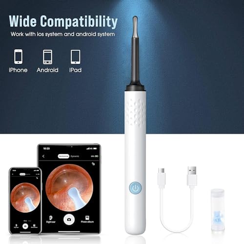 Ear Wax Removal, Earwax Removal Kit with 7 Pcs Ear Set, Ear Cleaning Kit with 4 Ear Pick, Ear Cleaner Otoscope with Light, Ear Camera for iPhone, iPad, Android Phones (White)