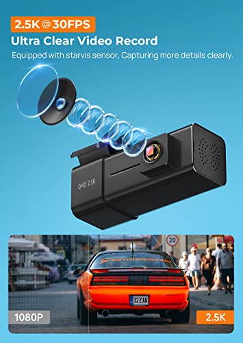 Dash Cam 2.5K 1440P Front Dashcam for Cars, E-YEEGER Mini WiFi Hidden Dashcams with App, Night Vision Car Camera, 24H Parking Mode, G-Sensor, Loop Recording, Free 32G Card, Support 256GB Max