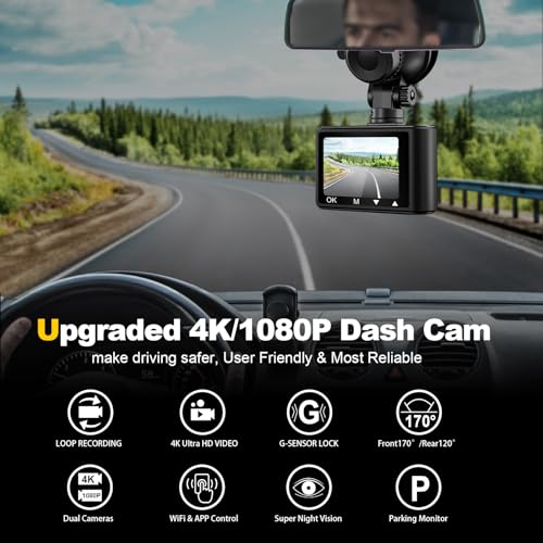 Dash Camera, 4K/1080p Dash Cam Front Rear Built-in WiFi, with 64GB SD Card, Full HD 2.0” IPS Screen Dash Camera for Cars with App Control, G-Sensor, Loop Recording, Parking Mode
