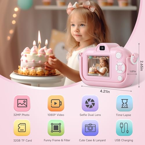 Kids Camera Toys for Girls Age 3-8, ZUODUN Kids Digital Camera Toddler Camera for 3 4 5 6 7 8 Years Old Birthday Gifts, 1080P Video Camera with Cute Protective Cover & 32GB SD Card