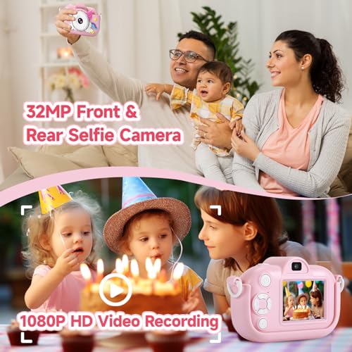 Kids Camera Toys for Girls Age 3-8, ZUODUN Kids Digital Camera Toddler Camera for 3 4 5 6 7 8 Years Old Birthday Gifts, 1080P Video Camera with Cute Protective Cover & 32GB SD Card