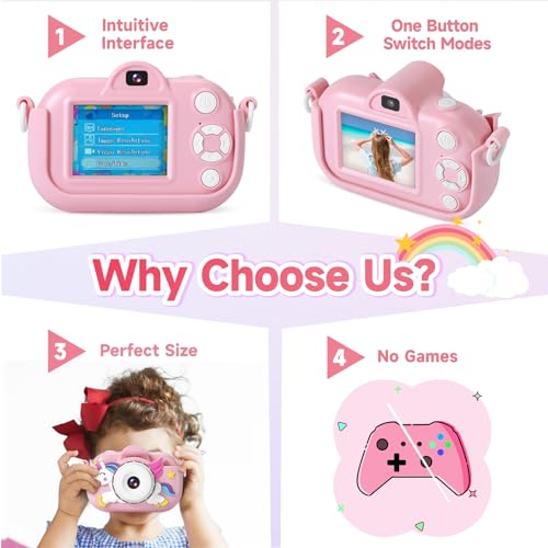 Kids Camera Toys for Girls Age 3-8, ZUODUN Kids Digital Camera Toddler Camera for 3 4 5 6 7 8 Years Old Birthday Gifts, 1080P Video Camera with Cute Protective Cover & 32GB SD Card