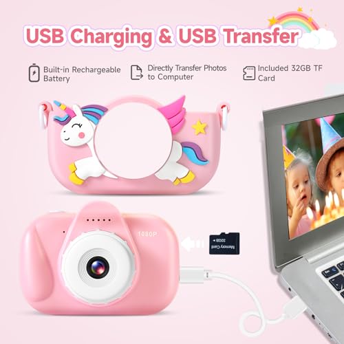 Kids Camera Toys for Girls Age 3-8, ZUODUN Kids Digital Camera Toddler Camera for 3 4 5 6 7 8 Years Old Birthday Gifts, 1080P Video Camera with Cute Protective Cover & 32GB SD Card