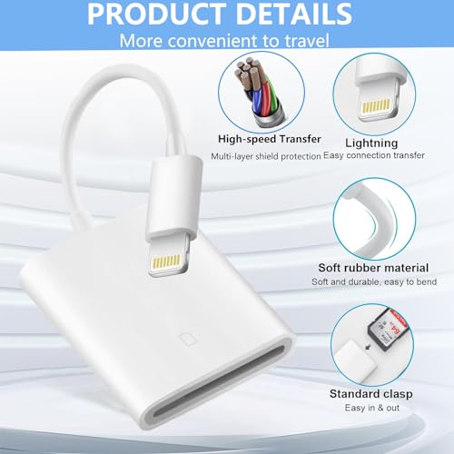 Apple MFi Certified Apple Lightning to SD Card Reader for iPhone, Trail Game Camera Viewer Memory Card Reader for iPhone, SD Card Adapter to iPhone 14/13/12/11/XS/XR/X/SE/8/7/iPad, Plug and Play