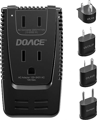 DOACE 2000W 220V to 110V Travel Voltage Converter for Hair Dryer/Straightener Curling Iron Electrical Kettle Toothbrush Shaver Laptop Cell Phone Camera, 10A Power Plug Adapters US to EU/UK/AU/Asia
