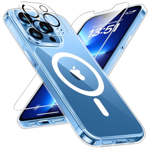 TAURI for iPhone 13 Pro Max Case, Compatible with Magsafe [Yellowing Resistant] with 2X Screen Protector + 2X Camera Lens Protector, Military-Grade Protection, Slim Magnetic Phone Case, Clear