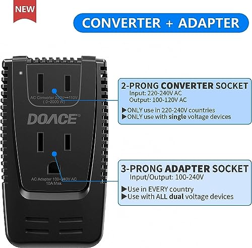DOACE 2000W 220V to 110V Travel Voltage Converter for Hair Dryer/Straightener Curling Iron Electrical Kettle Toothbrush Shaver Laptop Cell Phone Camera, 10A Power Plug Adapters US to EU/UK/AU/Asia