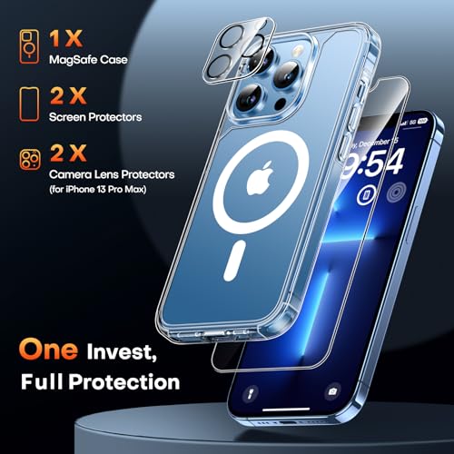 TAURI for iPhone 13 Pro Max Case, Compatible with Magsafe [Yellowing Resistant] with 2X Screen Protector + 2X Camera Lens Protector, Military-Grade Protection, Slim Magnetic Phone Case, Clear
