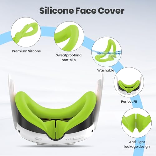 Silicone Cover Compatible with Meta/Oculus Quest 3 Accessories, VR Silicone Face Cover, VR Shell Cover,Touch Controller Grip Case,Camera Lens Protector Set(Green)