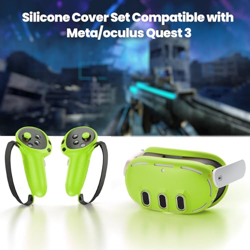 Silicone Cover Compatible with Meta/Oculus Quest 3 Accessories, VR Silicone Face Cover, VR Shell Cover,Touch Controller Grip Case,Camera Lens Protector Set(Green)