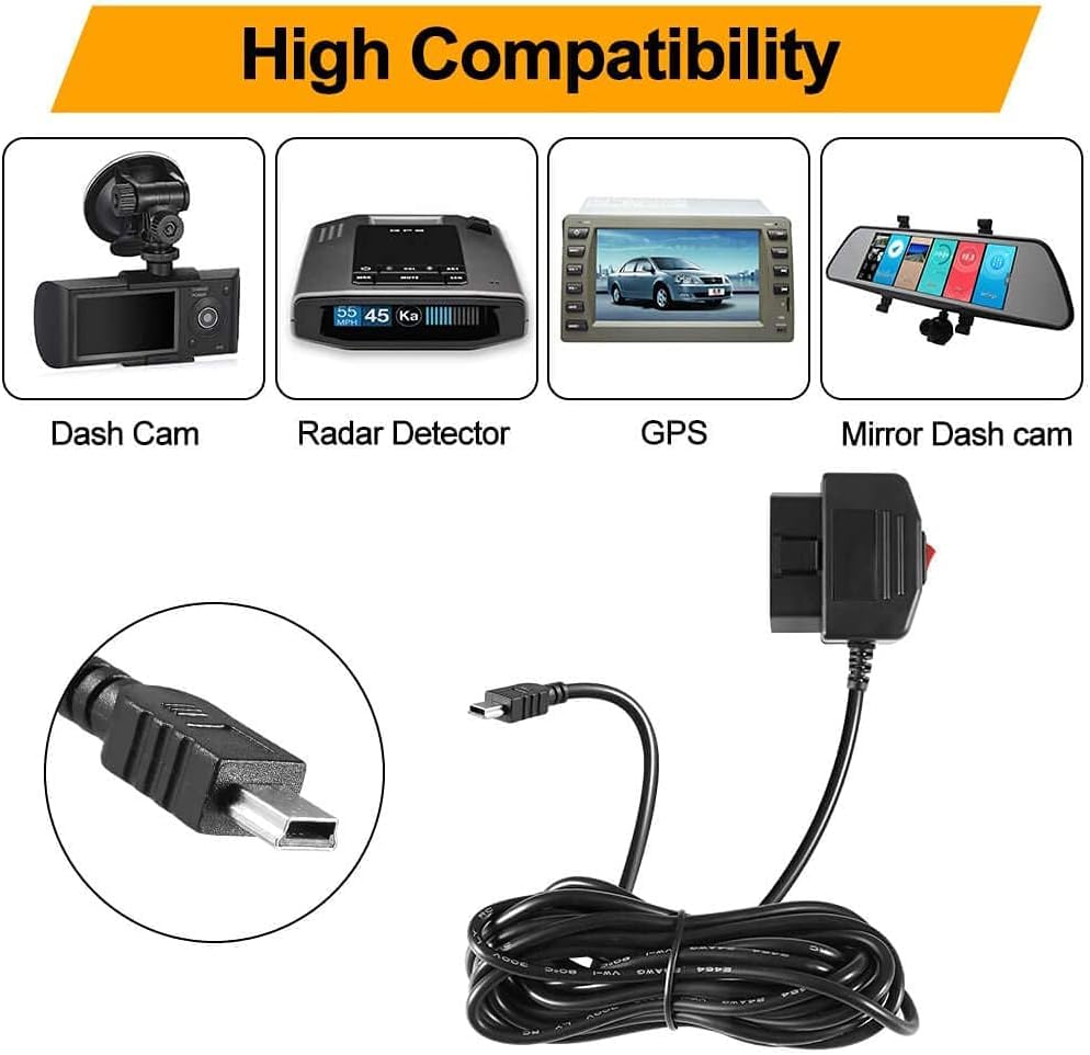 OBD2 OBD Power Cable for Dash Camera, Ssontong OBD to Mini USB OBDII Adapter Hardwire Charger Cable 24 Hours Surveillance and Acc Two Mode