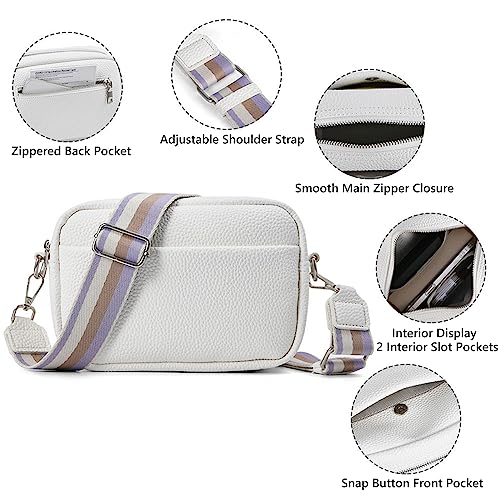 Ovida Small Crossbody Bag for Women Multi Pockets Wide Guitar Strap Shoulder Bag Square Camera Crossbody Purse (White)