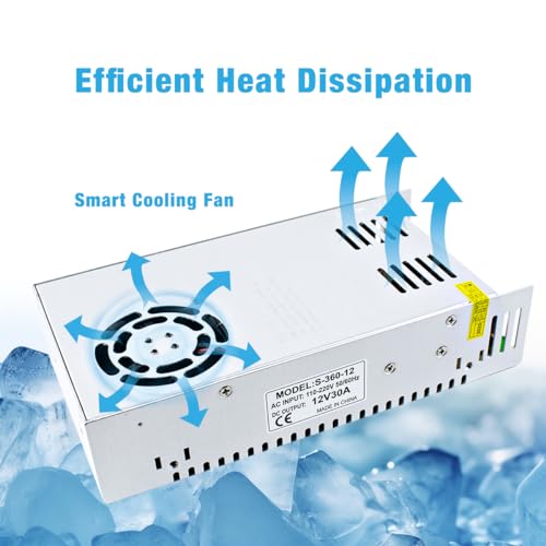 Hosyond 12V 30A 360W Universal Power Supply AC 110V/220V to DC 12V Regulated Transformer Adapter LED Driver for LED Strip, CCTV Camera System