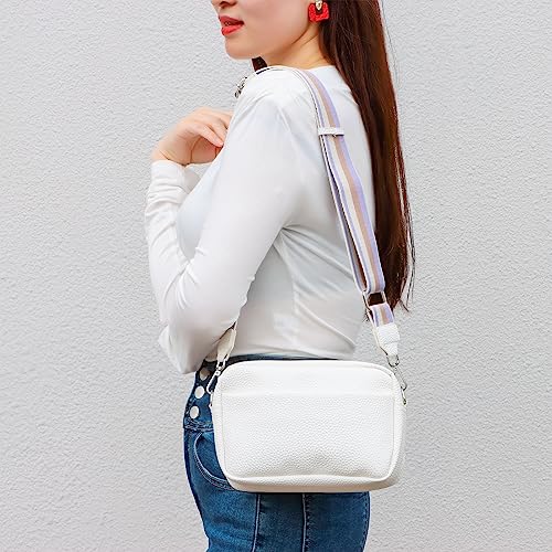 Ovida Small Crossbody Bag for Women Multi Pockets Wide Guitar Strap Shoulder Bag Square Camera Crossbody Purse (White)
