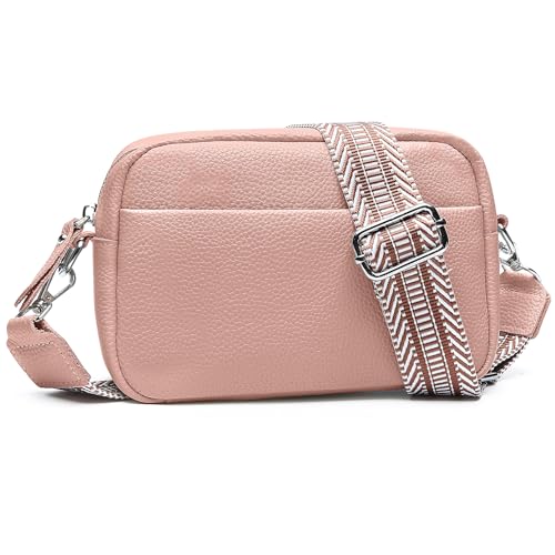 Utenwat Small Crossbody Bags for Women Genuine Leather, Guitar Strap Shoulder Handbag Purse Camera Bag with Rfid Card Slots, Pink