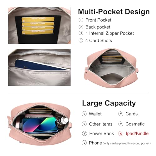 Utenwat Small Crossbody Bags for Women Genuine Leather, Guitar Strap Shoulder Handbag Purse Camera Bag with Rfid Card Slots, Pink