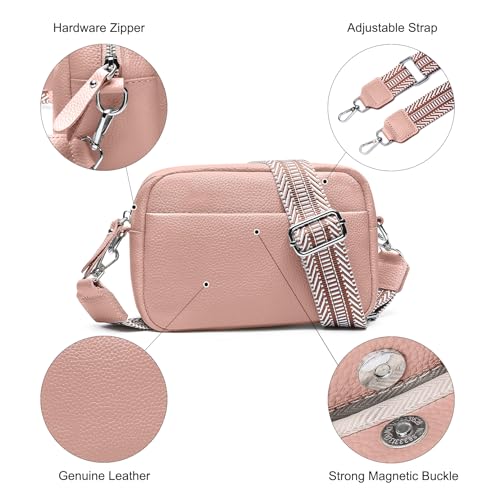 Utenwat Small Crossbody Bags for Women Genuine Leather, Guitar Strap Shoulder Handbag Purse Camera Bag with Rfid Card Slots, Pink