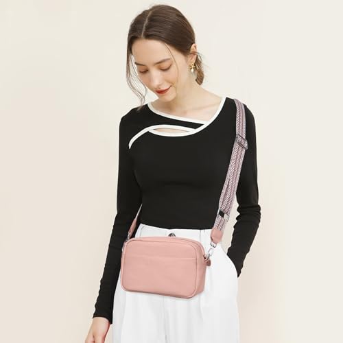 Utenwat Small Crossbody Bags for Women Genuine Leather, Guitar Strap Shoulder Handbag Purse Camera Bag with Rfid Card Slots, Pink