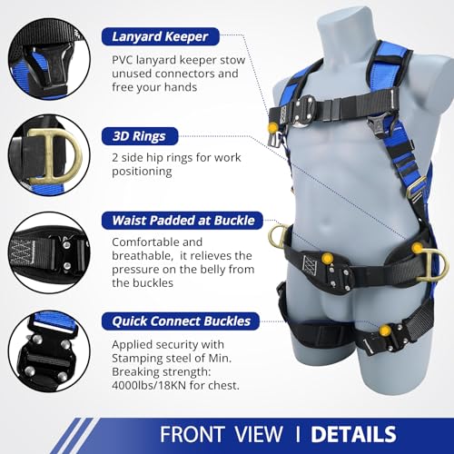 TRSMIMA Safety Harness Fall Protection - Roofing Harness Kit Men Full Body Construction Harness with Lanyard for Work Upgrade 4 Quick Buckles