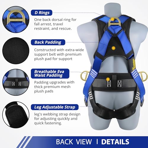 TRSMIMA Safety Harness Fall Protection - Roofing Harness Kit Men Full Body Construction Harness with Lanyard for Work Upgrade 4 Quick Buckles