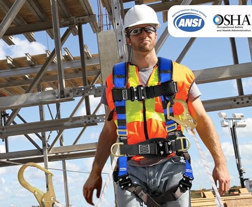 TRSMIMA Safety Harness Fall Protection - Roofing Harness Kit Men Full Body Construction Harness with Lanyard for Work Upgrade 4 Quick Buckles
