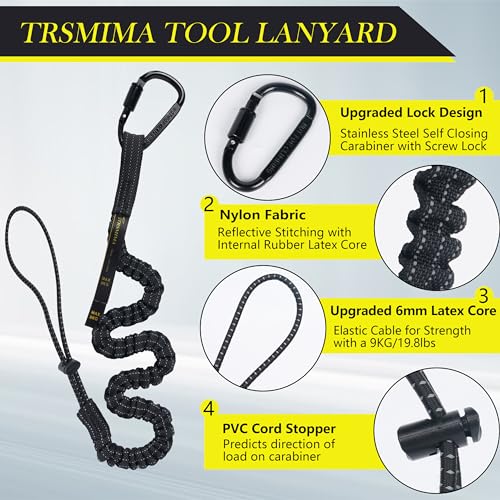 TRSMIMA Safety Tether Tool Lanyard - 5 Pack Stretch Strap Safety Fall Protection Tools Leash with Screw Lock Carabiner Clip Mountaineering Safety Compliance for Scaffold Erectors