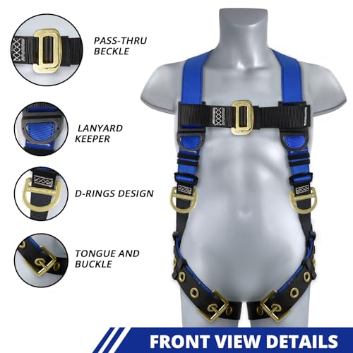 TRSMIMA Safety Harness Fall Protection - Men Construction Full Body Harness Kit for Work with Shock Absorbing Lanyard Tongue Buckle OSHA/ANSI
