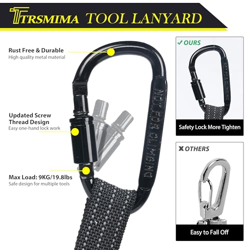 TRSMIMA Safety Tether Tool Lanyard - 5 Pack Stretch Strap Safety Fall Protection Tools Leash with Screw Lock Carabiner Clip Mountaineering Safety Compliance for Scaffold Erectors