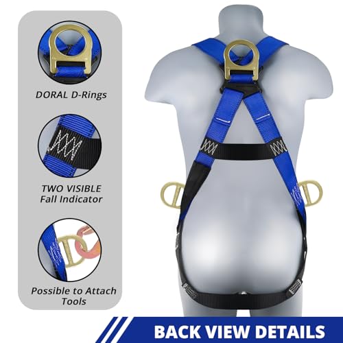 TRSMIMA Safety Harness Fall Protection - Men Construction Full Body Harness Kit for Work with Shock Absorbing Lanyard Tongue Buckle OSHA/ANSI