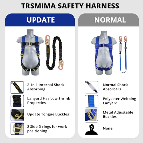 TRSMIMA Safety Harness Fall Protection - Men Construction Full Body Harness Kit for Work with Shock Absorbing Lanyard Tongue Buckle OSHA/ANSI