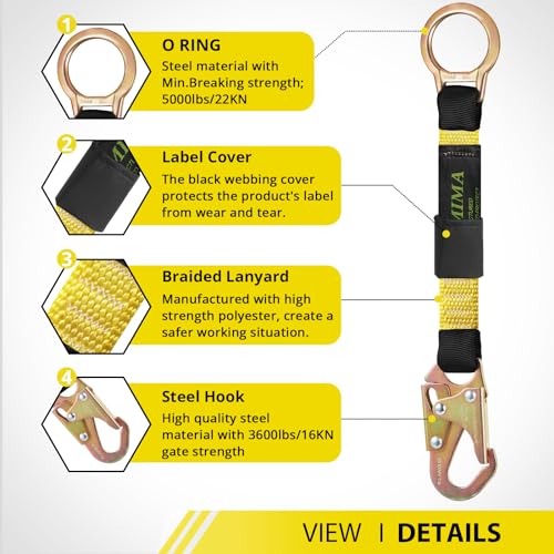 TRSMIMA Safety Harness Extension Lanyard - 18”D-ring Extender Fall Protection Arrest System with Snap Hook Connector Ring ANSI Compliant