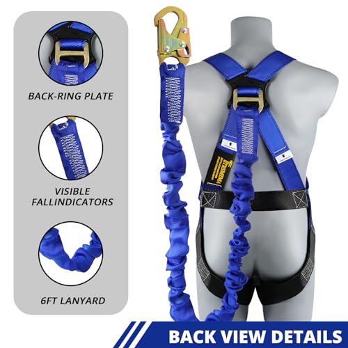 TRSMIMA Safety Harness Fall Protection - Full Body Construction Roofing Harness Kit Attached 6 ft Lanyard ANSI OSHA