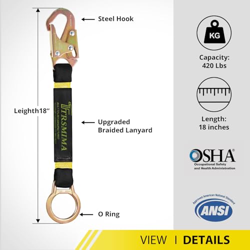 TRSMIMA Safety Harness Extension Lanyard - 18”D-ring Extender Fall Protection Arrest System with Snap Hook Connector Ring ANSI Compliant