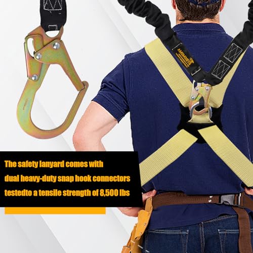 TRSMIMA Safety Harness Lanyard Retractable - Fall Protection Climbing Tree Strap 6 FT Double Leg Internal Shock Absorbing with Rebar & Snap Hook