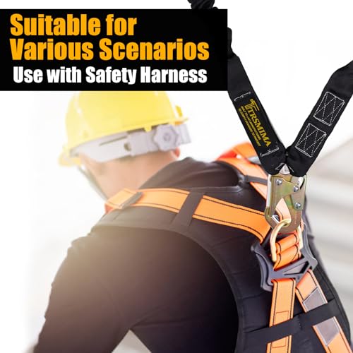 TRSMIMA Safety Harness Lanyard Retractable - Fall Protection Climbing Tree Strap 6 FT Double Leg Internal Shock Absorbing with Rebar & Snap Hook