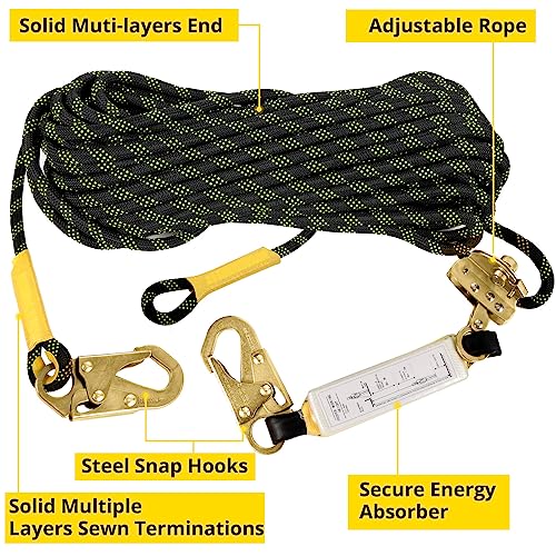 TRSMIMA Rope Harness Safety Lanyard：50ft Vertical Roofing Rope With Grab Snap Hooks Shock Absorber - Fall Protection Tree Climbing Line Kit Heavy Duty Roof Safety Equipment ANSI CE
